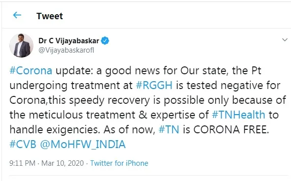 coronavirus minister vijaya baskar  tweet 